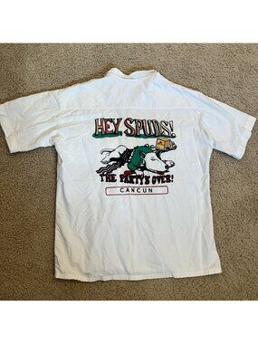 Vintage 80s Hey Spuds The Party’s Over Cancun Shirt Budweiser Coors Beer Mexico